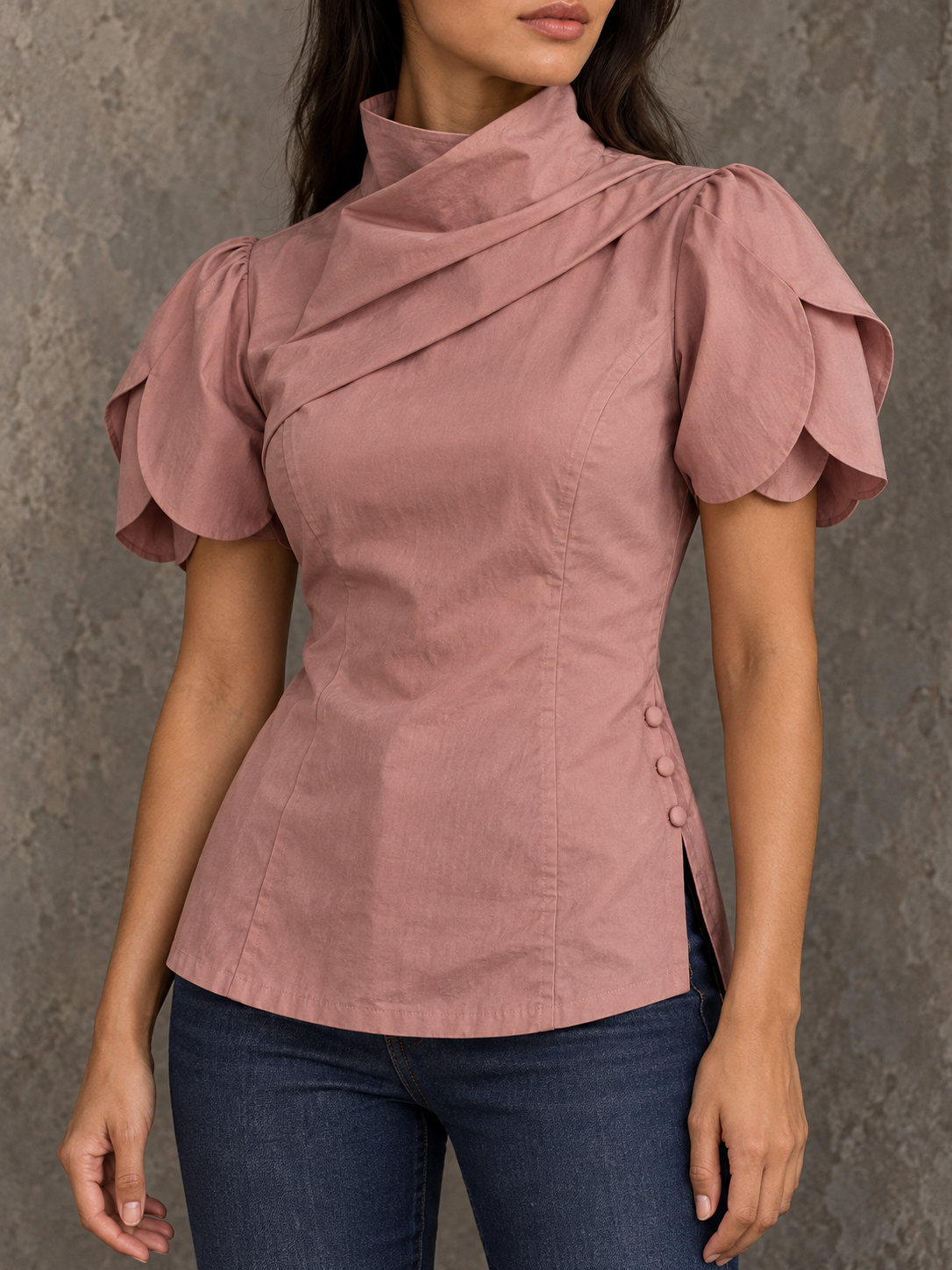 Pink Draped Cowl Neck Short Sleeve Blouse