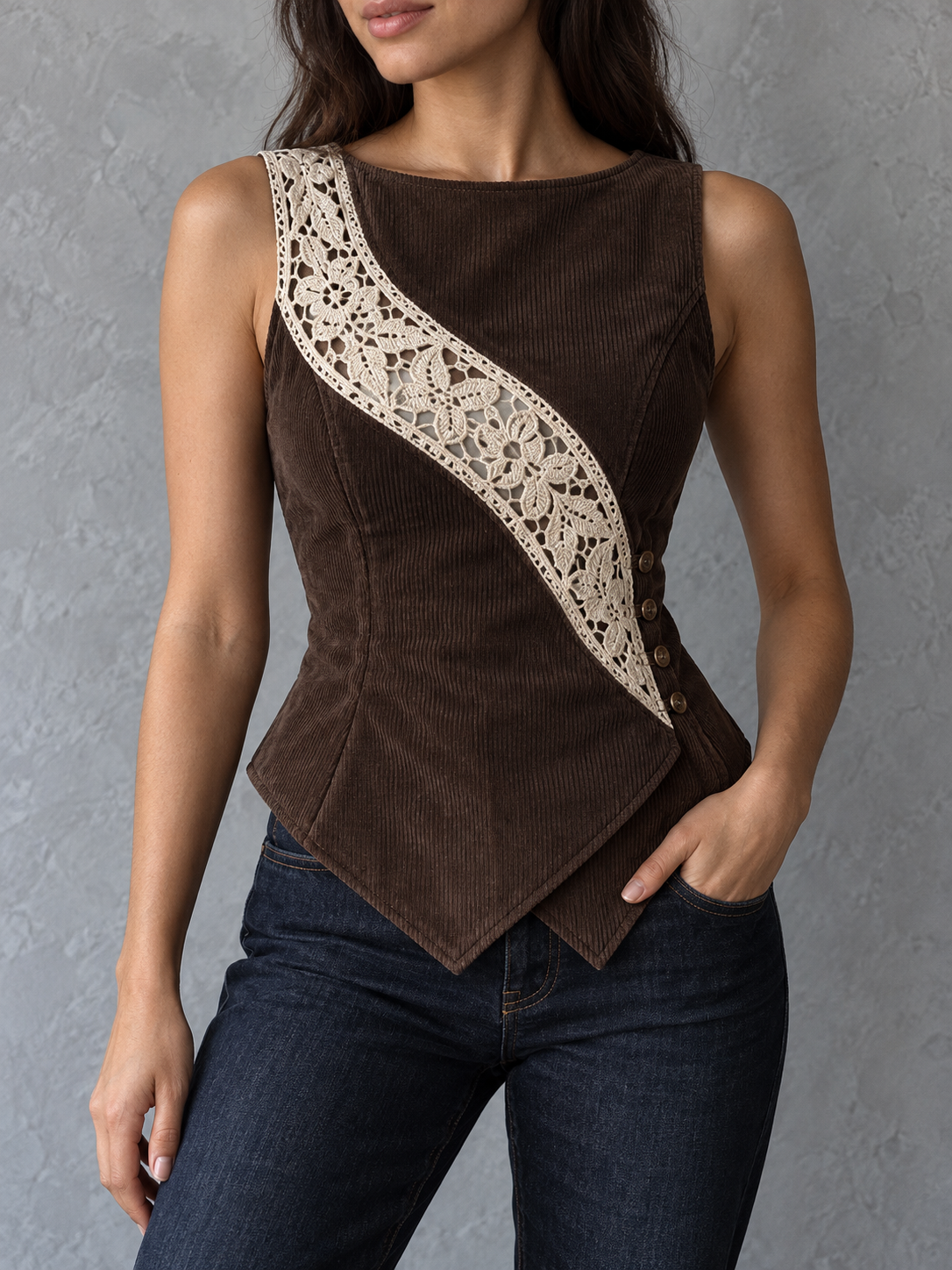 DarkBrown Corduroy Lace Trim Asymmetric Vest