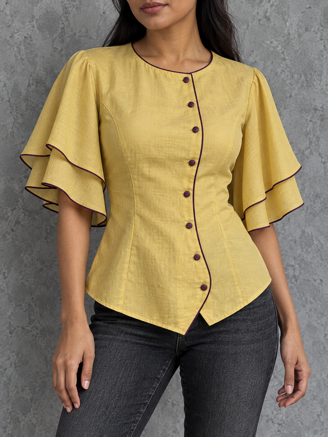 Yellow Contrast Piping Button Front Blouse