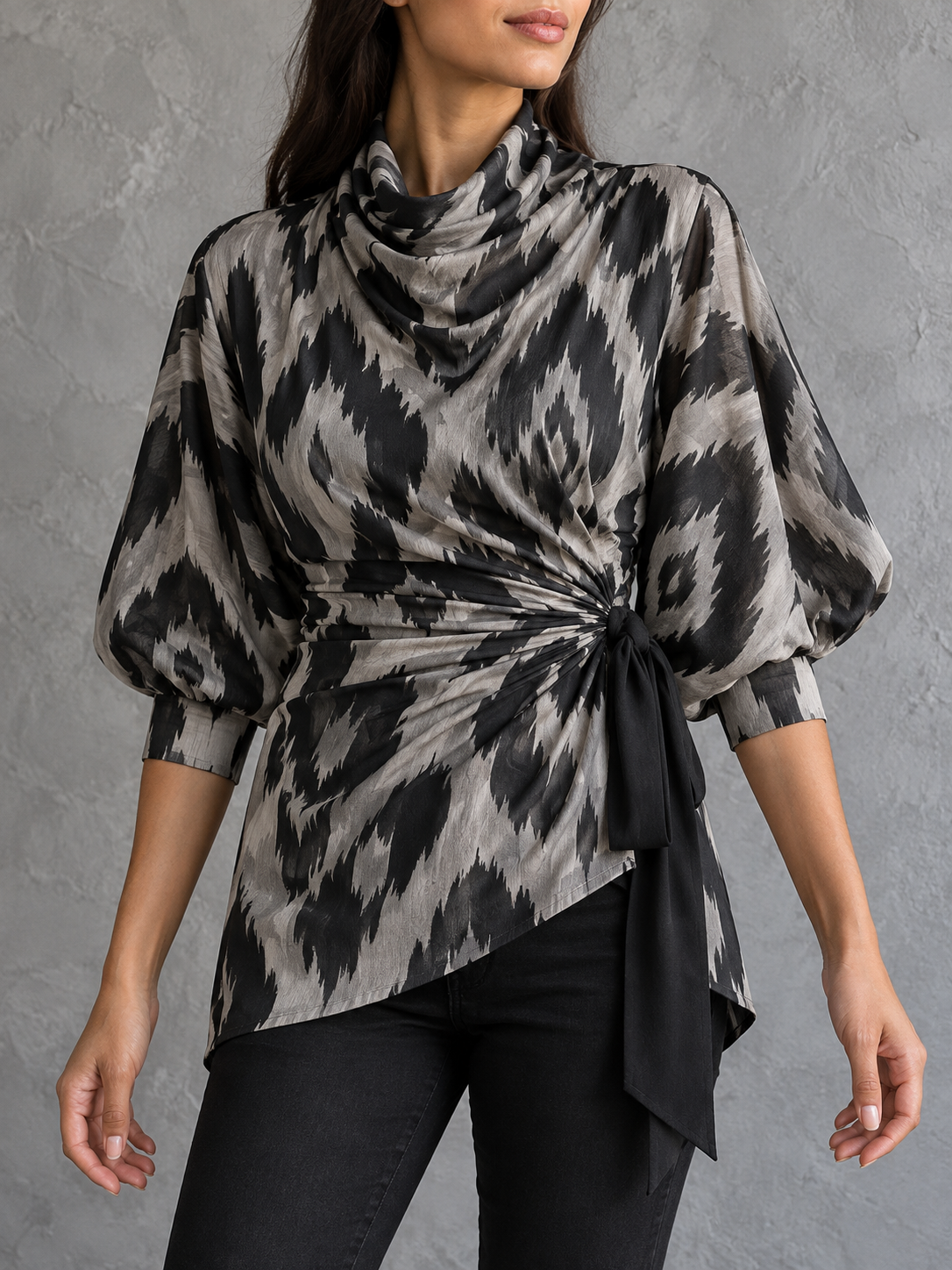 Grey Ikat Print Cowl Neck Tie Waist Blouse