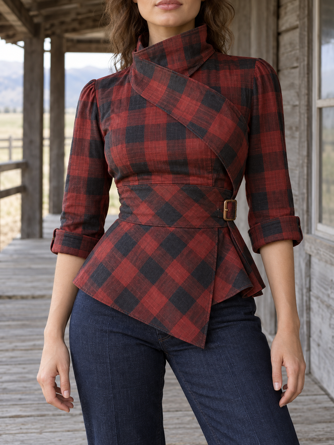 Red Black Plaid Wrap Buckle Peplum Blouse