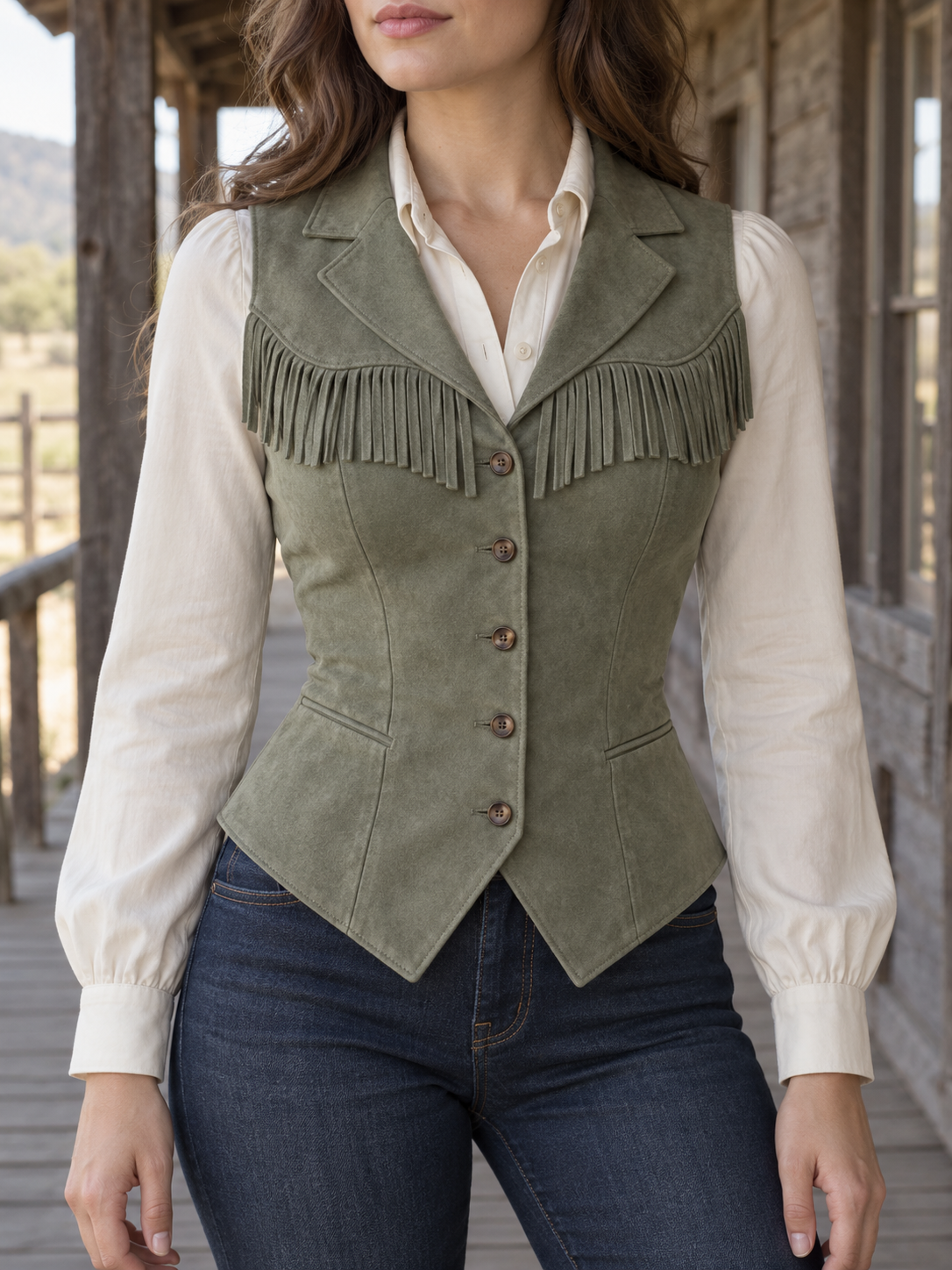 SageGreen Faux Suede Fringe Vest
