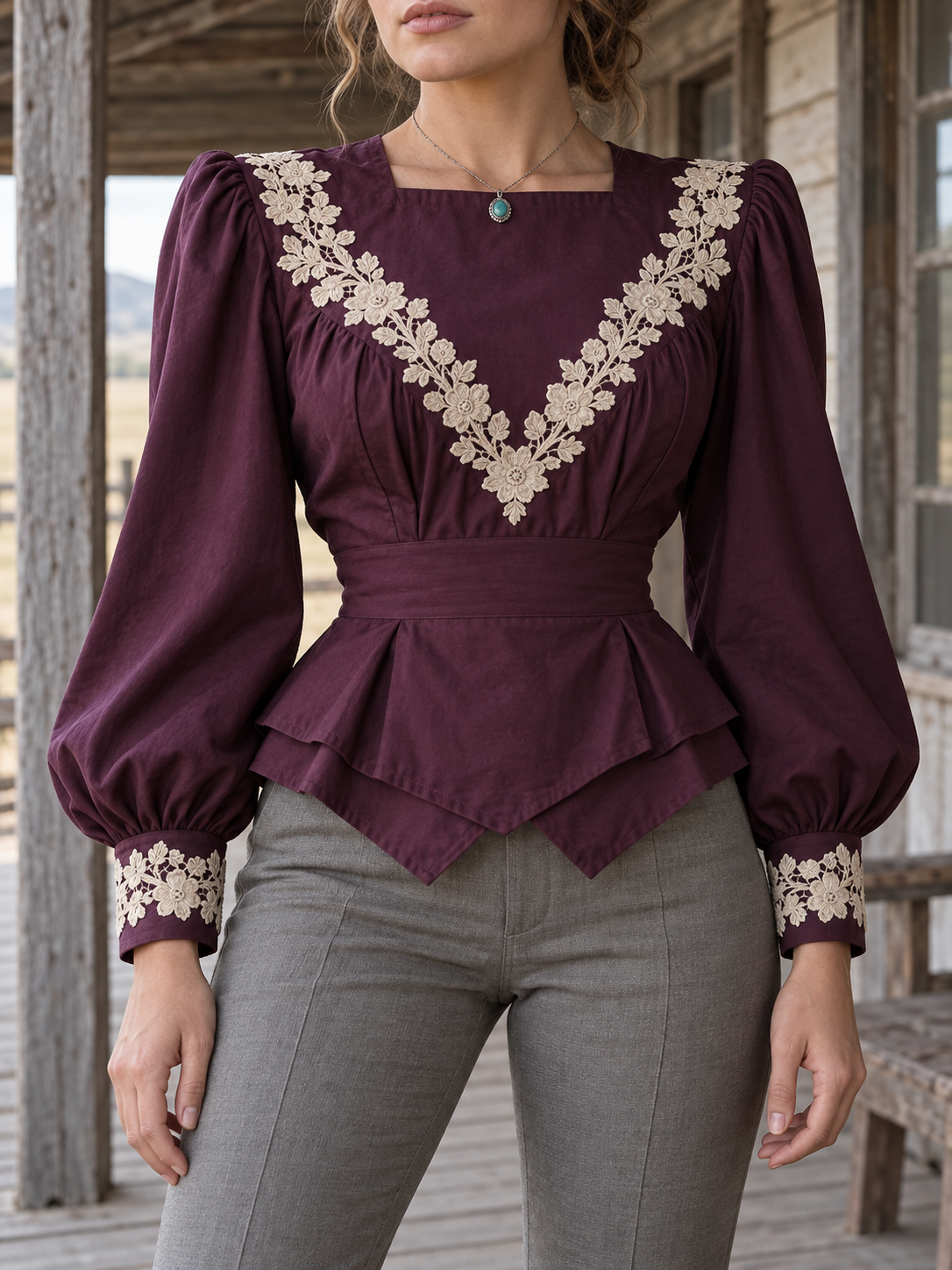 Burgundy Lace Trim Peplum Long Sleeve Blouse