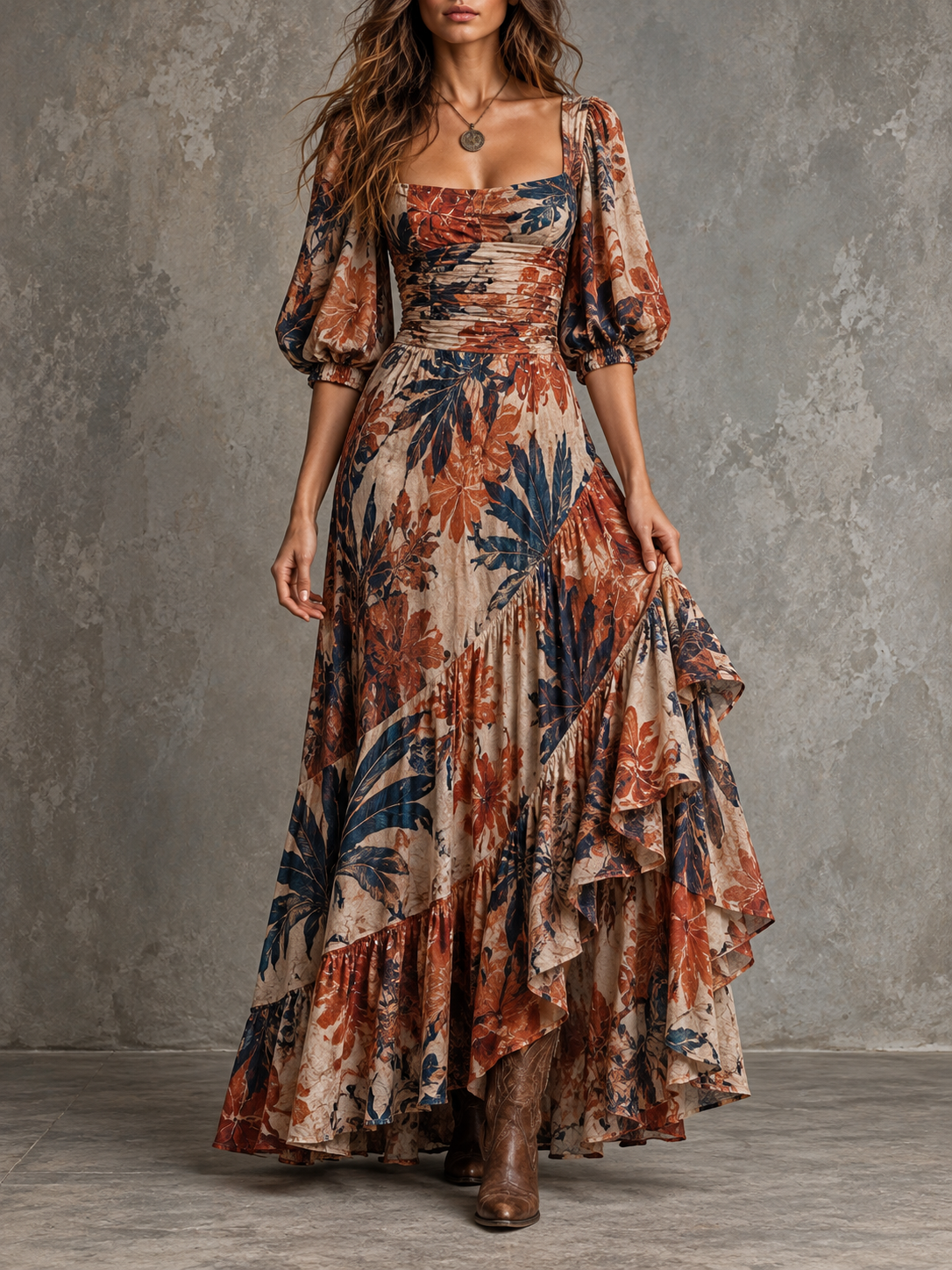 Multicolor Floral Print Puff Sleeve Tiered Maxi Dress