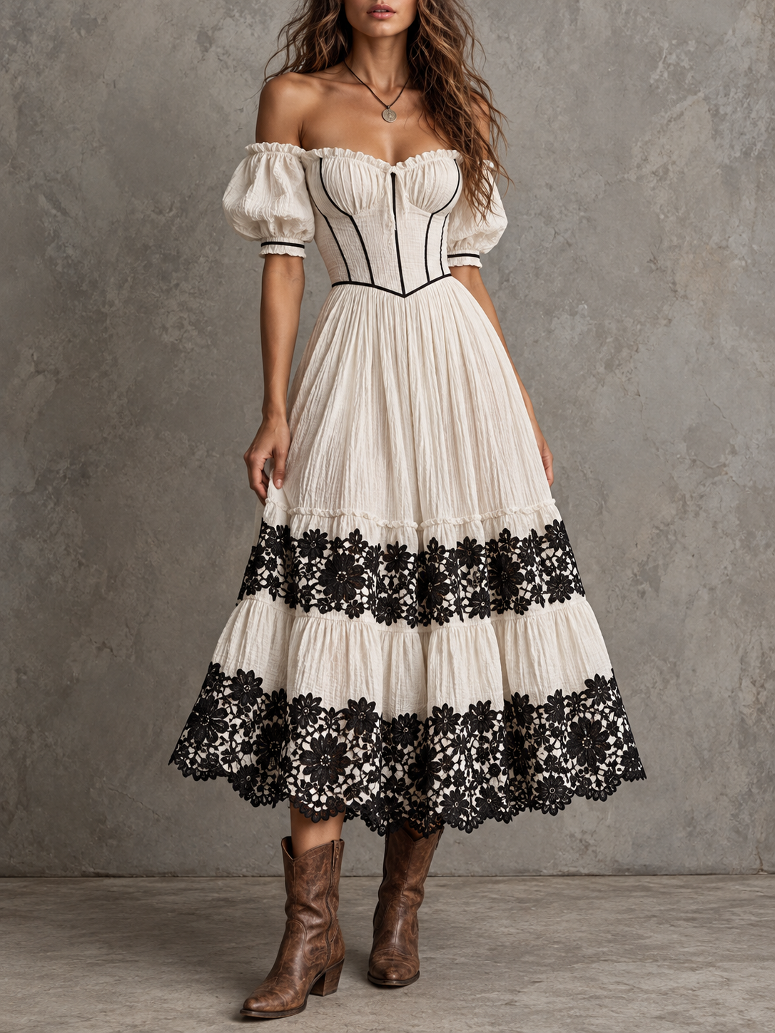 Cream Black Lace Trim Off Shoulder Tiered Midi Dress