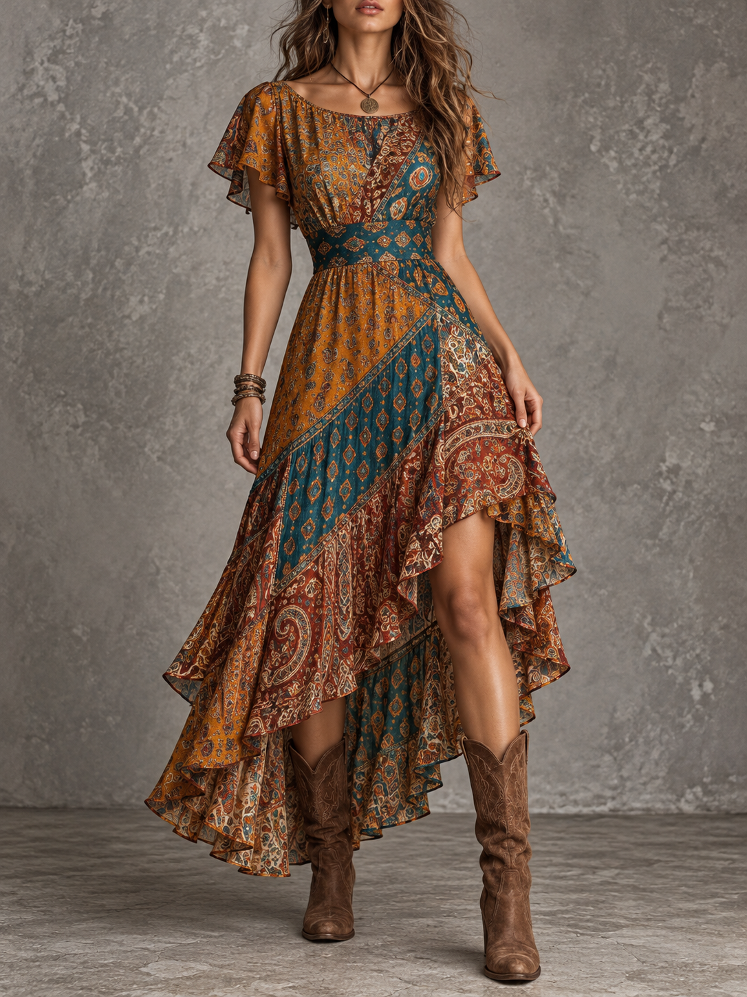 Multicolor Paisley Print Ruffle Sleeve High Low Maxi Dress