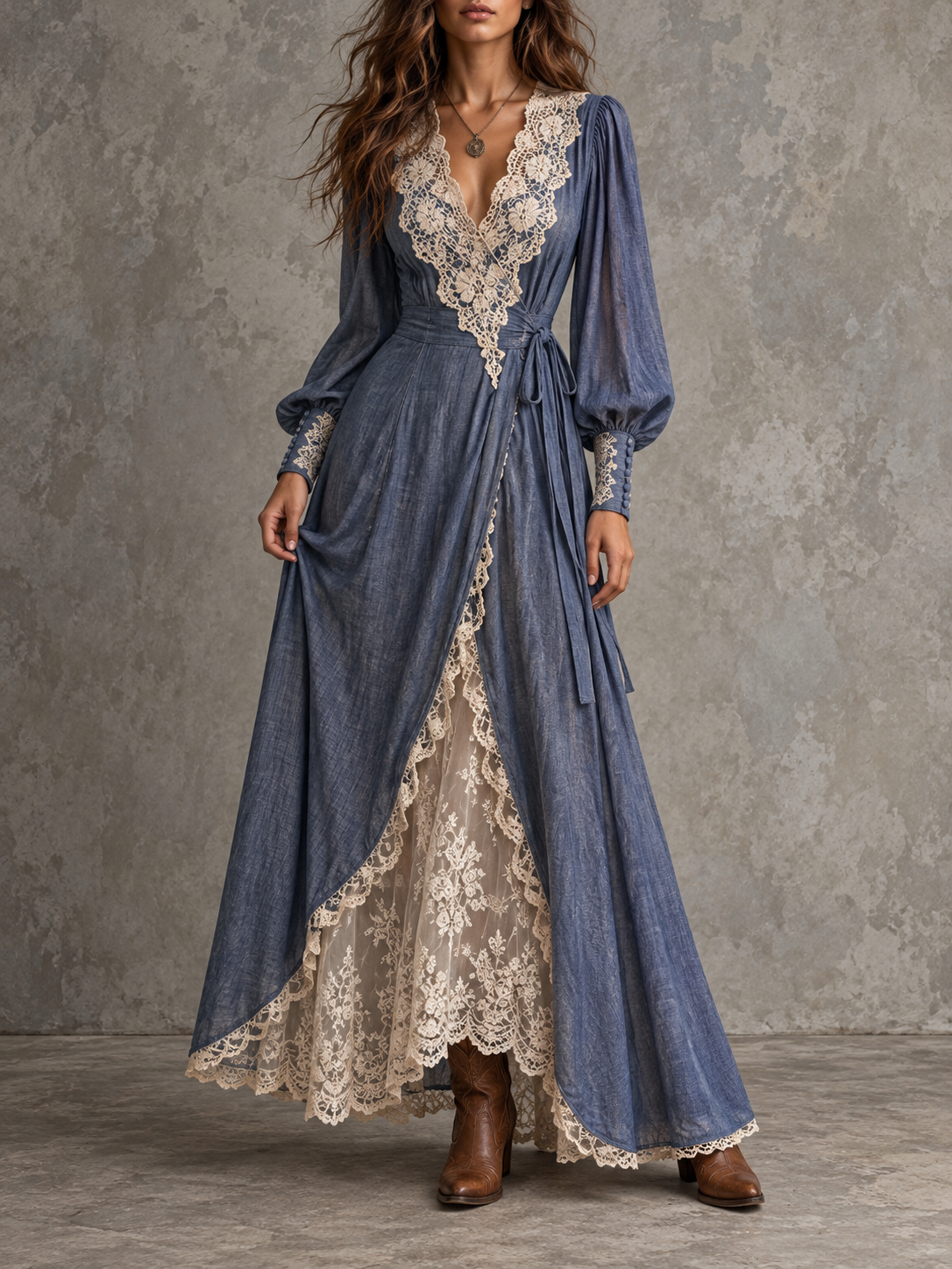 Blue Chambray Lace Trim Wrap Maxi Dress