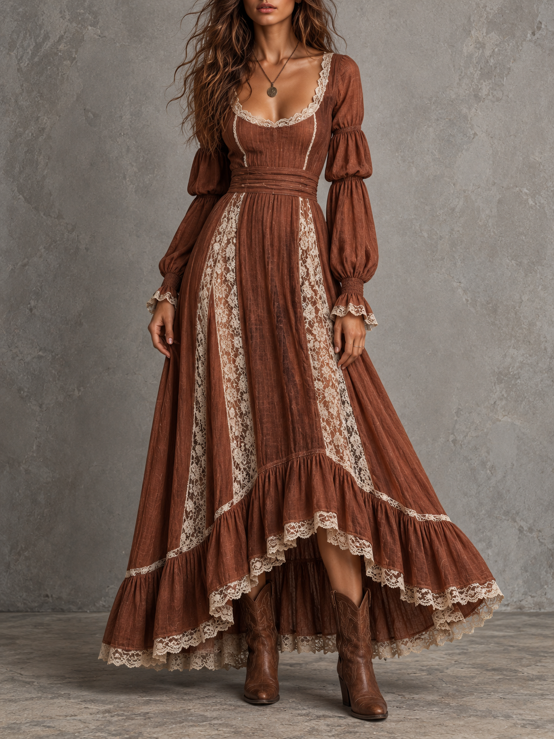 Rust Lace Trim Long Sleeve Tiered Maxi Dress