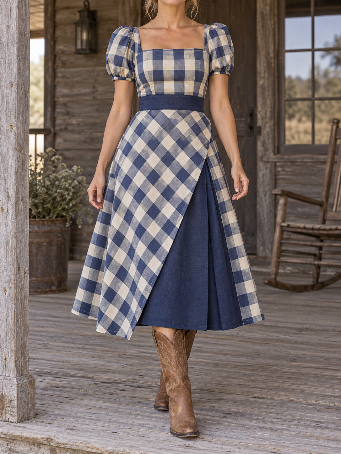Blue Gingham Puff Sleeve Midi Dress