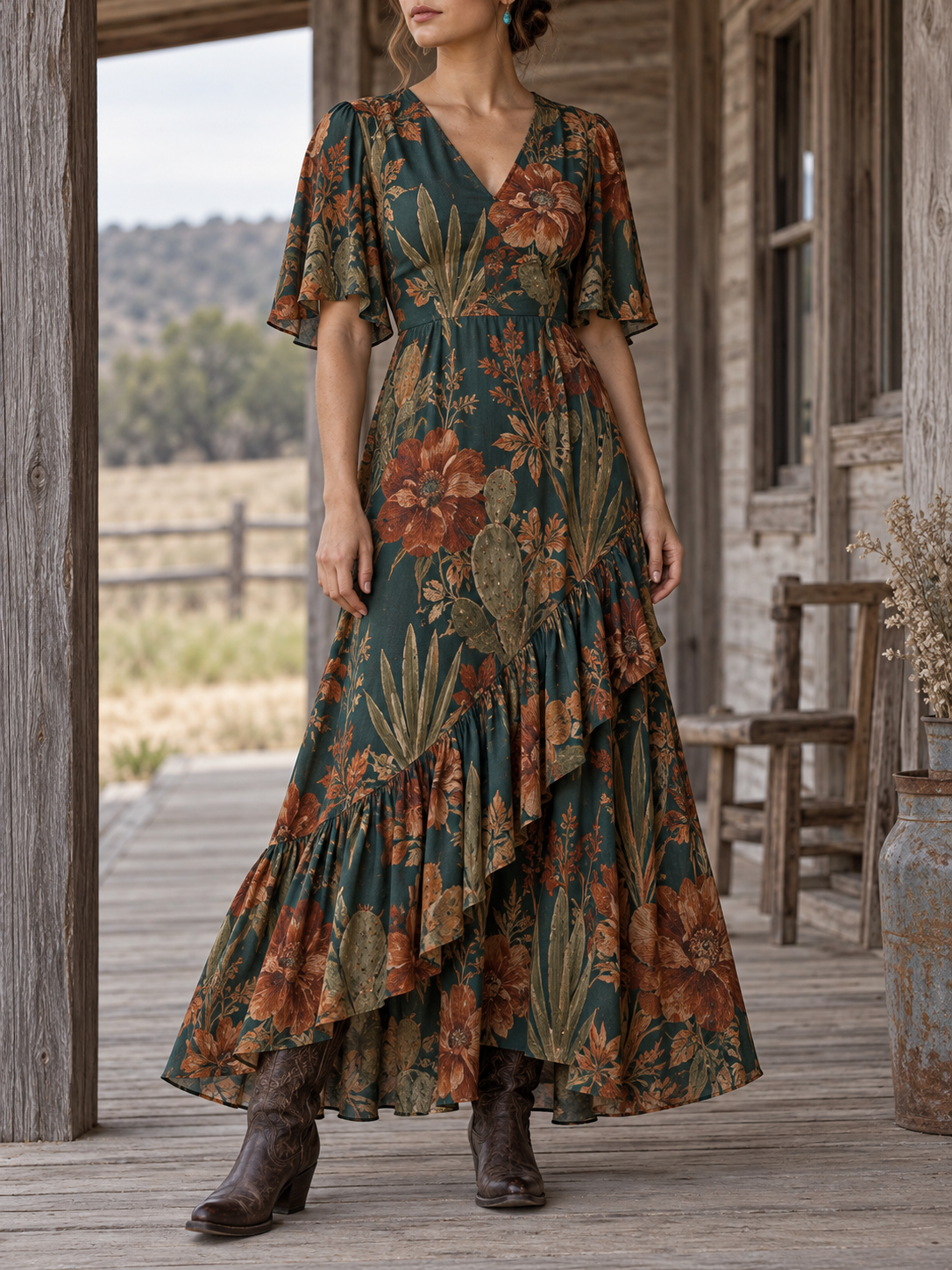 DarkGreen Floral Print V Neck Ruffle Maxi Dress
