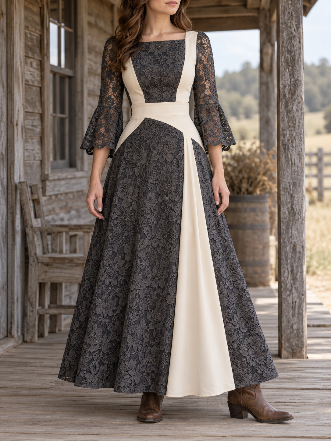 Charcoal Lace Overlay Long Sleeve Maxi Dress