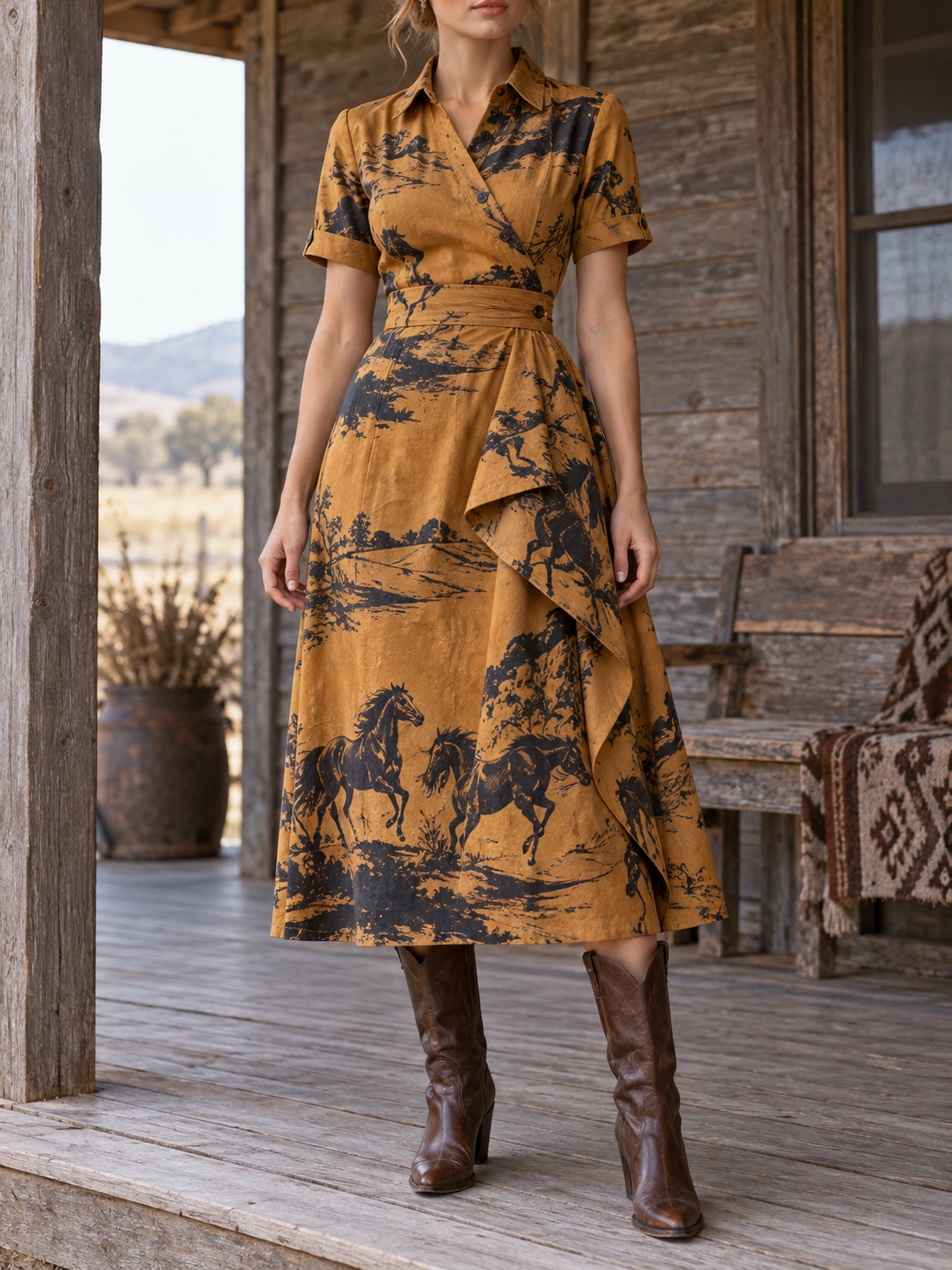 Mustard Horse Print Button Front Midi Dress