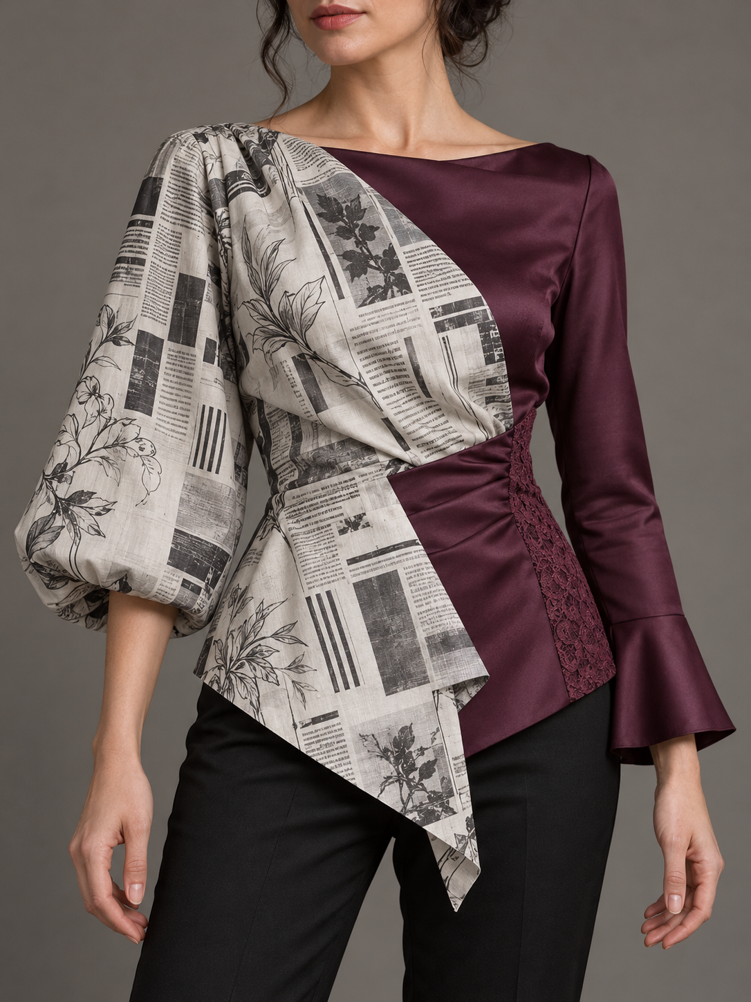 Burgundy Beige Newspaper Print Asymmetric Draped Blouse