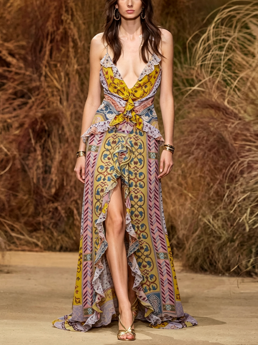 Bohemian Paisley Print Deep V-Neck Maxi Dress