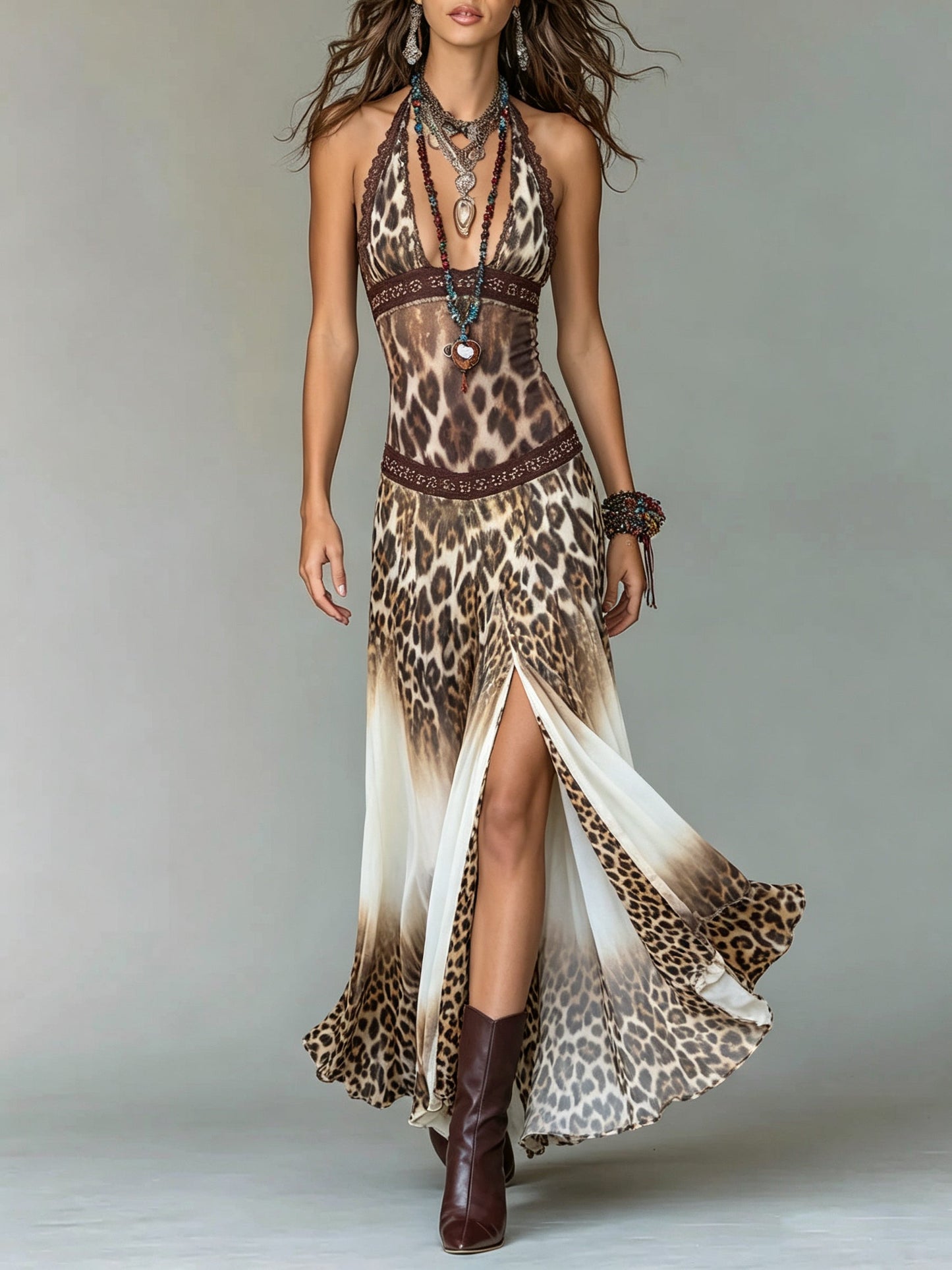 Halter Leopard Print Lace Trim High Slit Maxi Dress