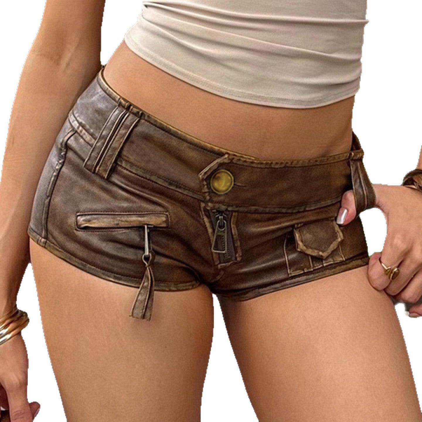 Vintage Washed Brown Low-Rise Cargo-Style Micro Shorts