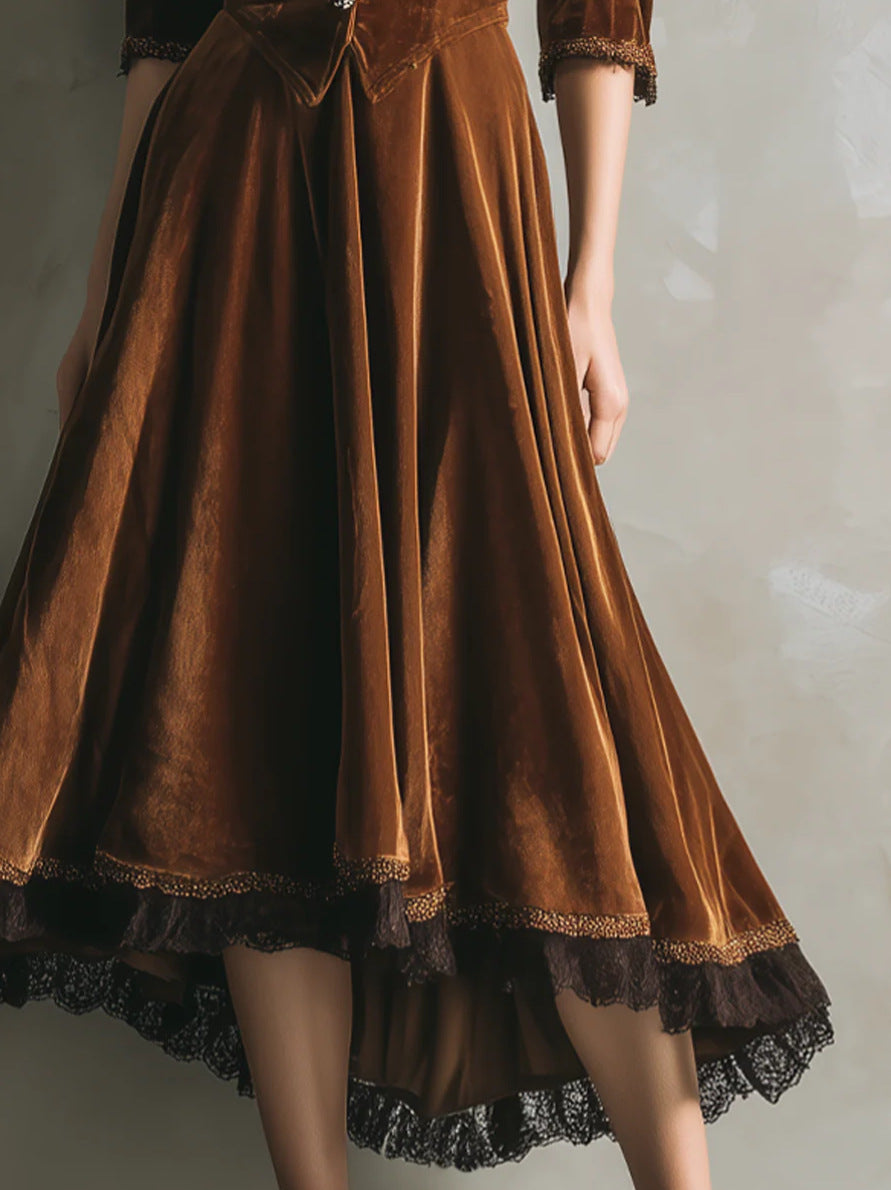 Vintage Western Style Velvet Lace Waist-Cinching Flare Midi Dress | Retro Elegant Slimming Dress