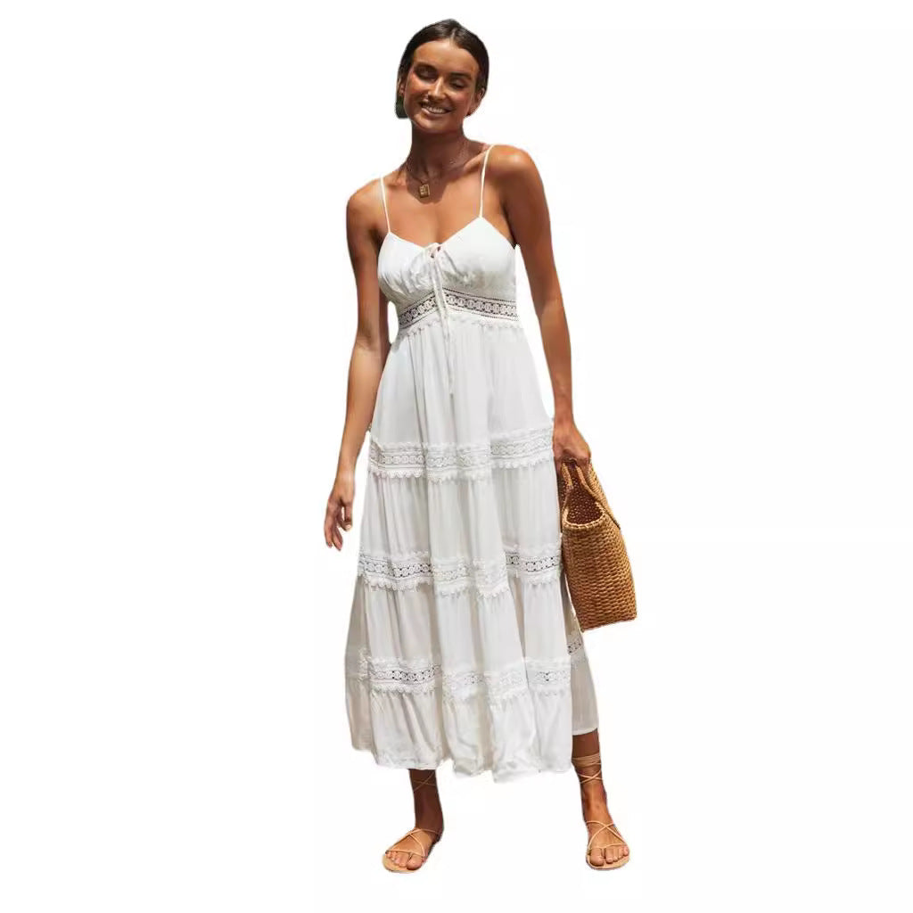 White Lace Patchwork Spaghetti Strap Tiered Dress | Boho Vacation Maxi Dress