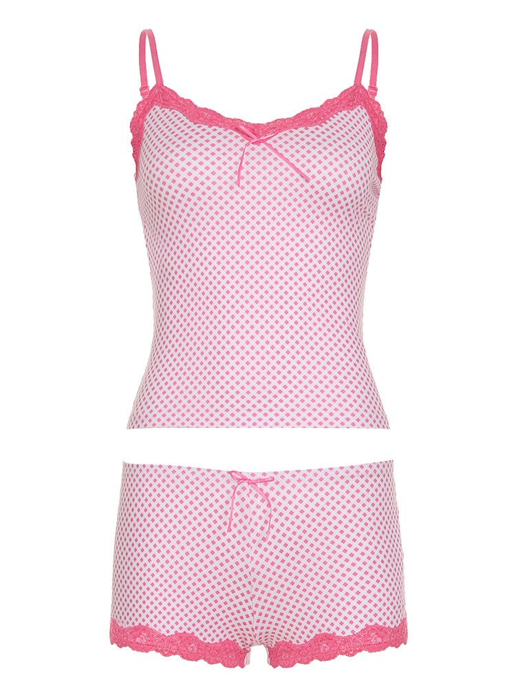 Boho Floral Gingham Lace Trim Cami & Shorts Loungewear Set