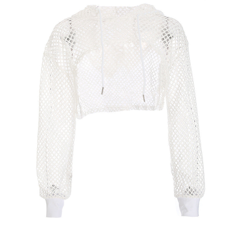Bohemian Fishnet Mesh Cropped Hooded Cover-Up
