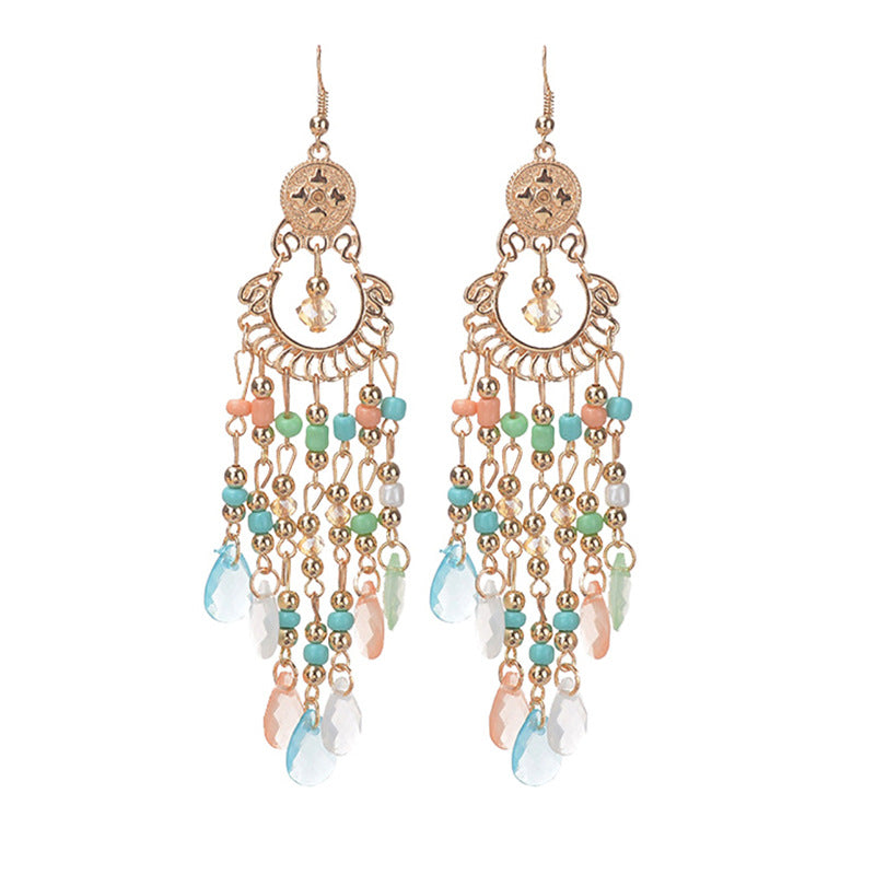 Boho Color Stone Tassel Dreamcatcher Earrings | Ethnic Style Niche Design Jewelry