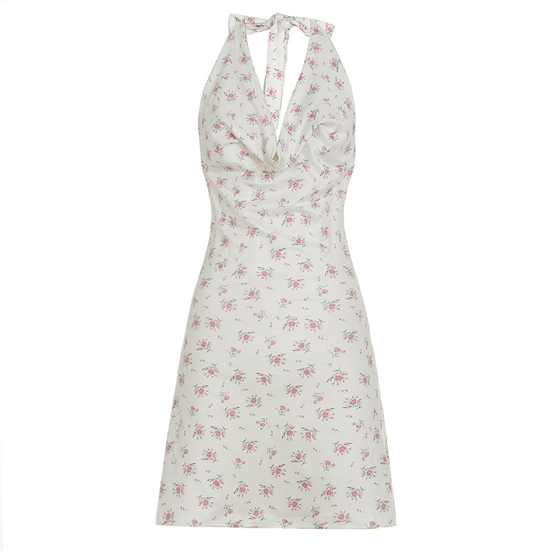 Boho Floral Halter Open-Back A-Line Dress