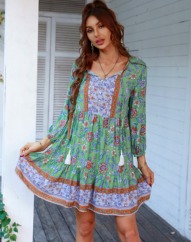 Boho V Neck Tassel Tie Printed Loose Babydoll Dress
