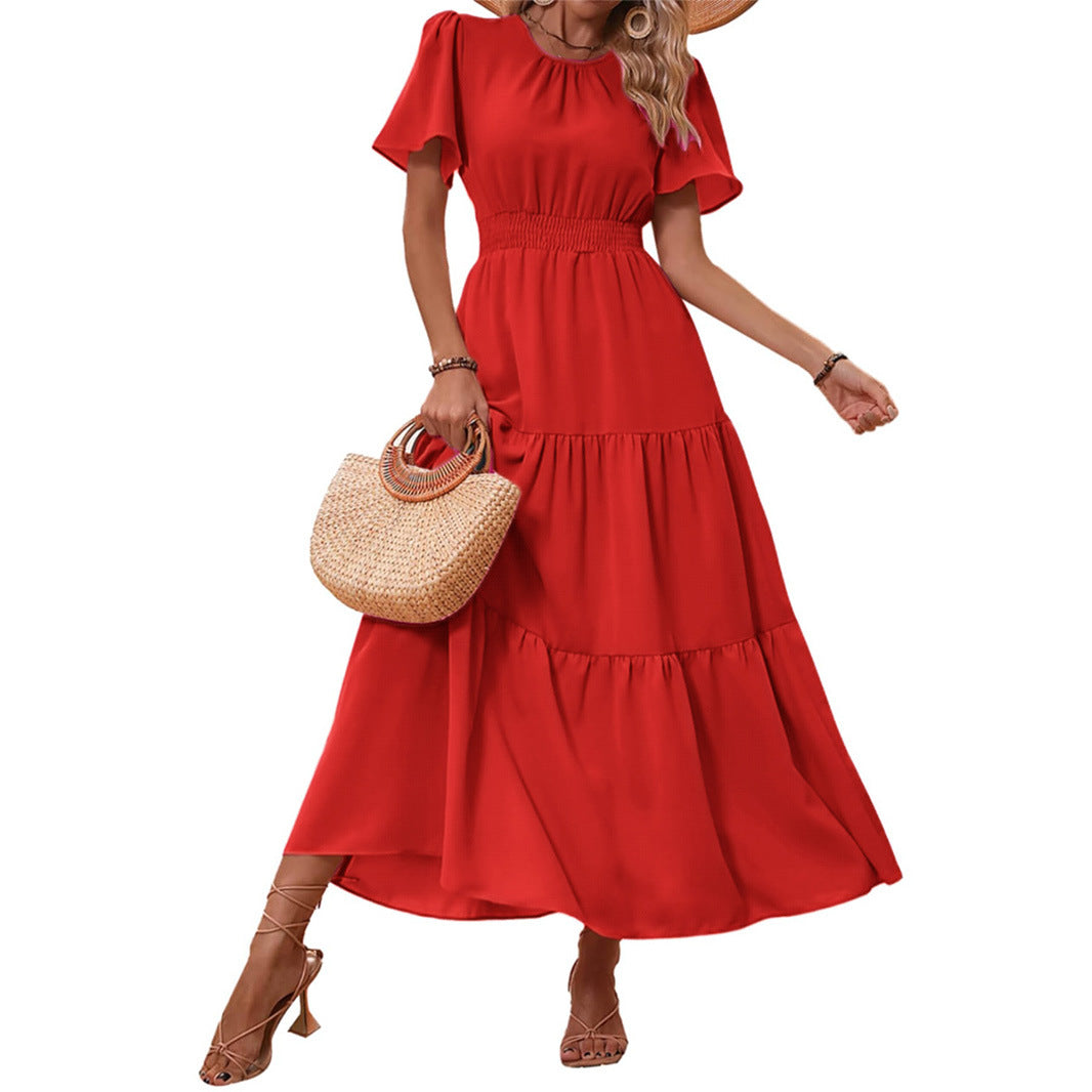Boho Round Neck Tiered Waist-Cinched Maxi Dress