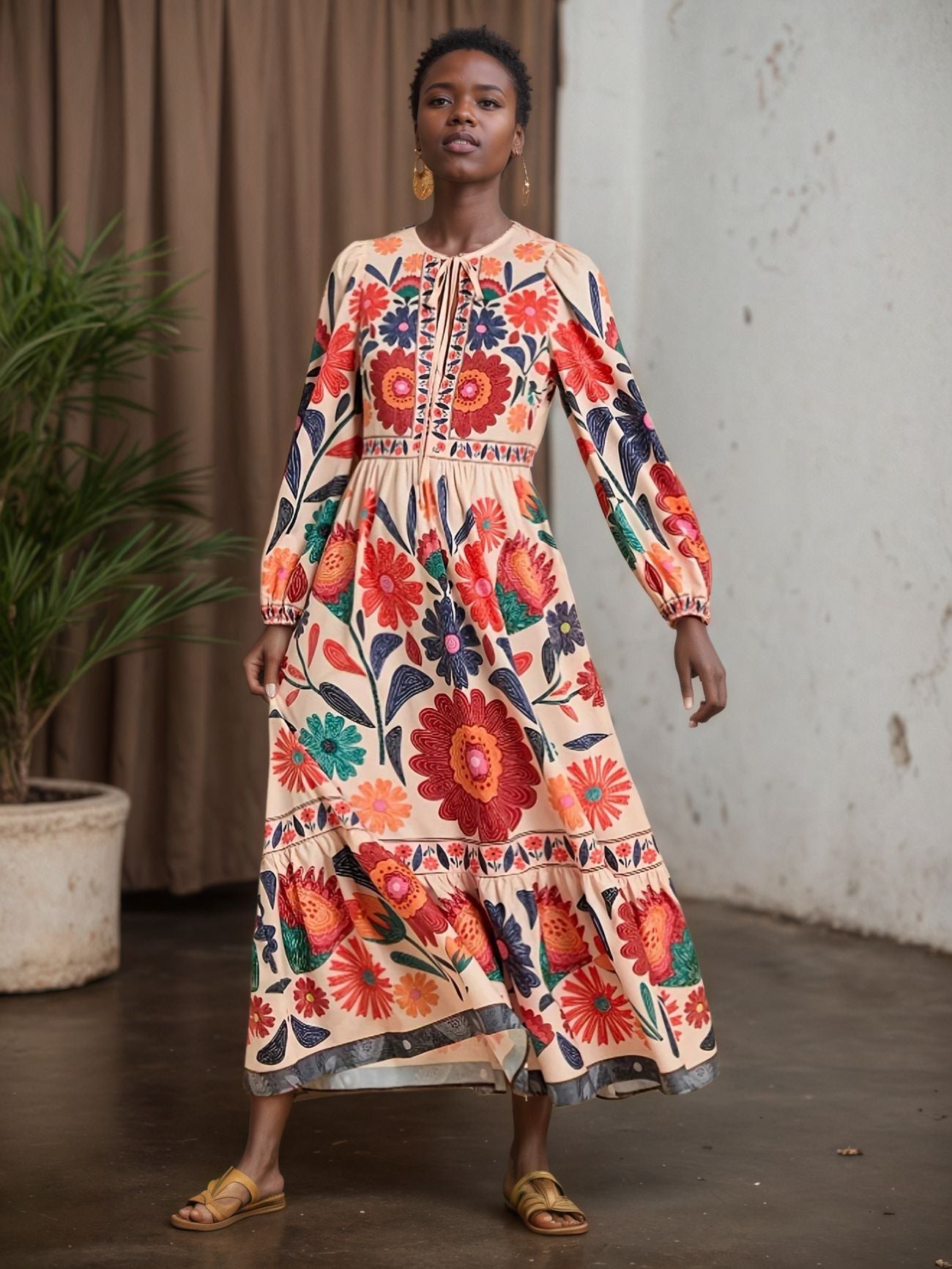 Boho Vintage Floral Print Tie-Neck Long Sleeve Maxi Dress