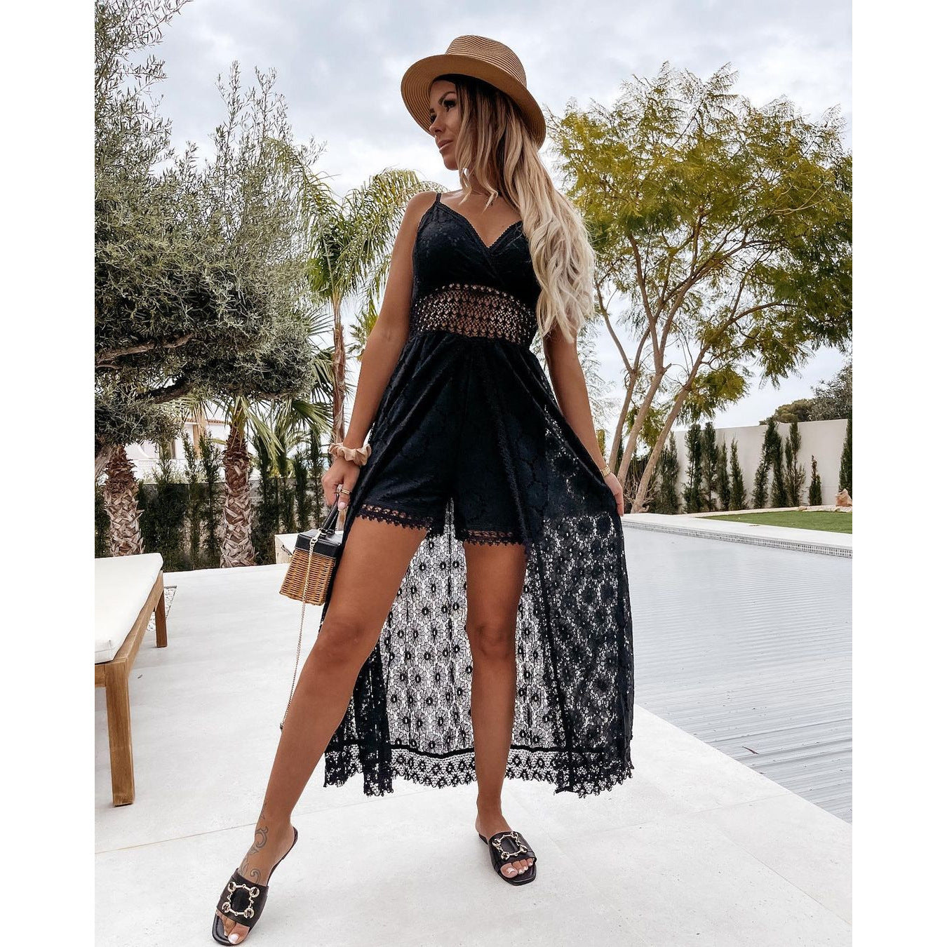 Boho White Lace V-Neck Cami Asymmetrical Maxi Dress | Vacation Style Elegant Waist-Cinching Slimming Dress