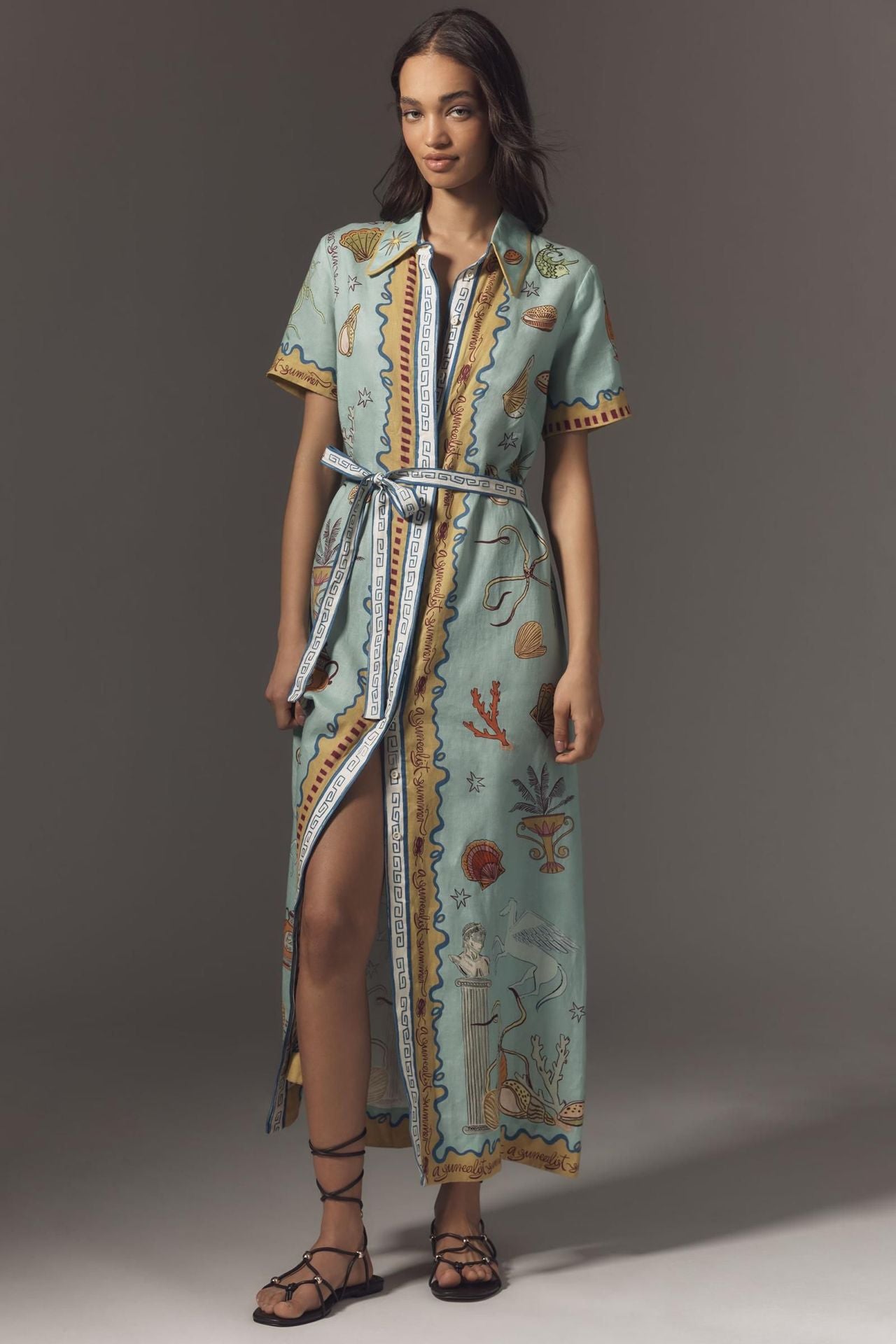 Vintage Ocean Print Belted Waist-Cinching Split Maxi Shirt Dress