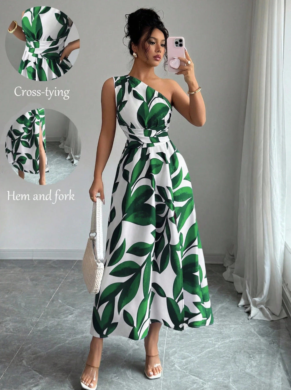 French One Shoulder Leaf Print Waist-Cinching Slit Maxi Dress | Vacation Style Elegant Slimming Tea Dress