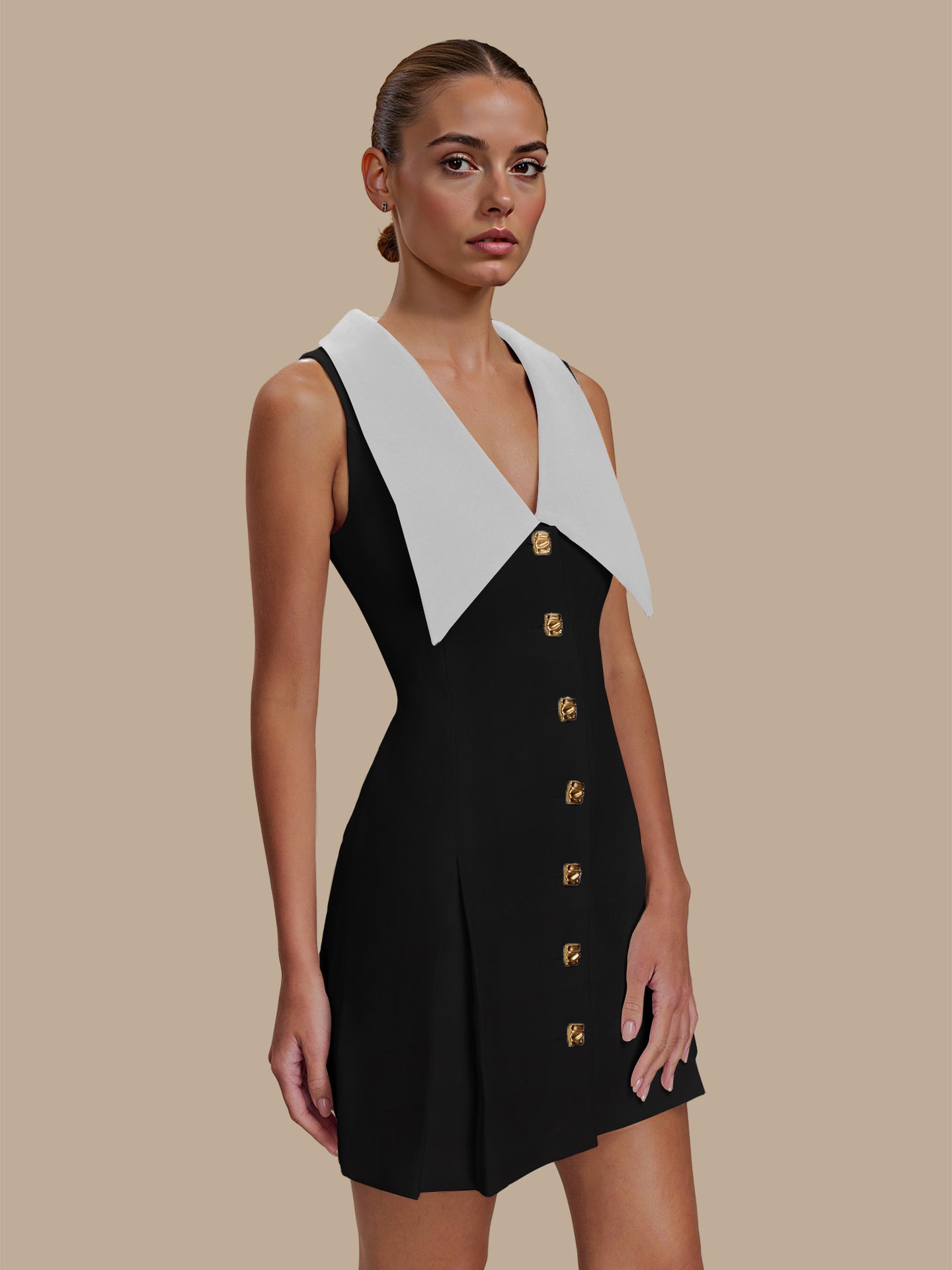 French Chanel Style Contrast Big Collar Gold Button Waist-Cinching Sleeveless Mini Dress | Elegant Luxury A-Line Dress