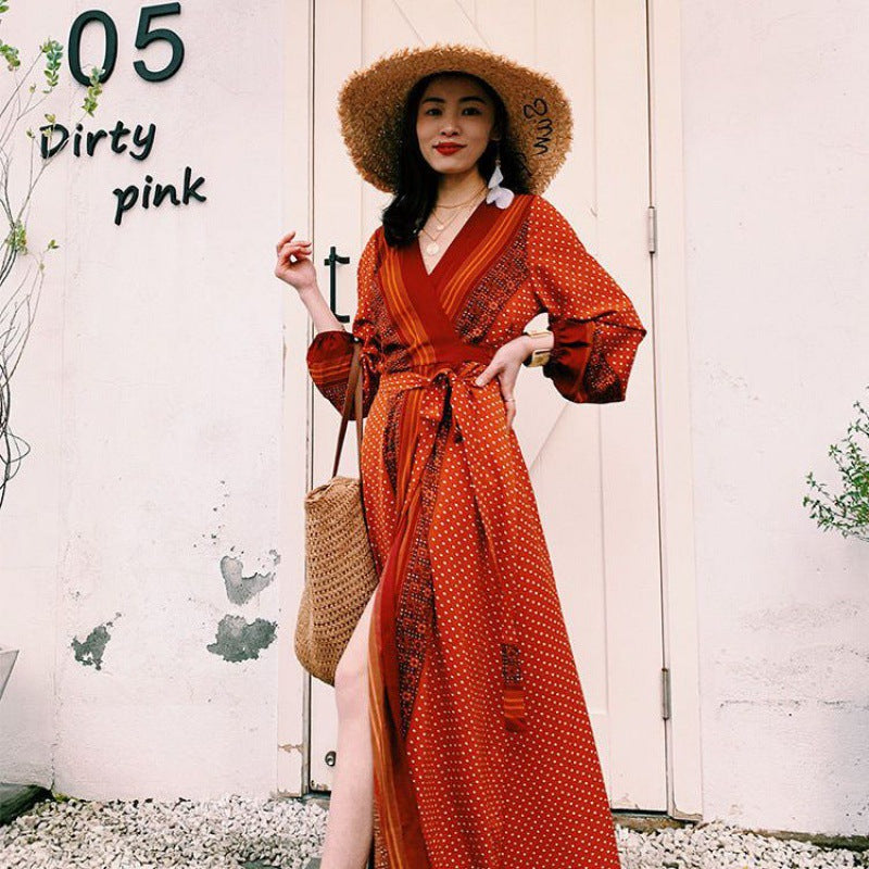Boho Orange Polka Dot V-Neck Tie Waist Slit Maxi Dress | Vintage Ethnic Style Vacation Dress