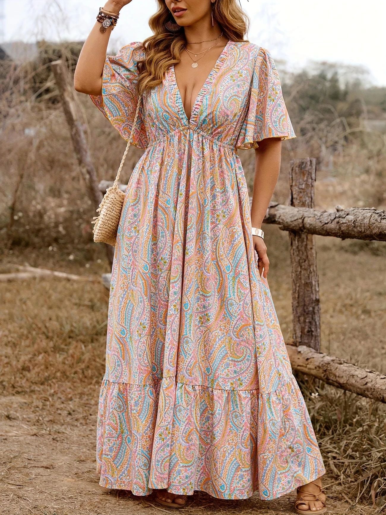 Boho Paisley Print V-Neck Waisted Maxi Dress