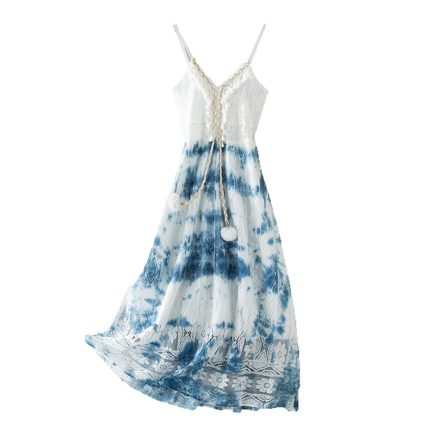 Boho Blue White Tie Dye Lace Cami Maxi Dress | Ethnic Style Vacation Elegant Waist-Cinching Slimming Dress