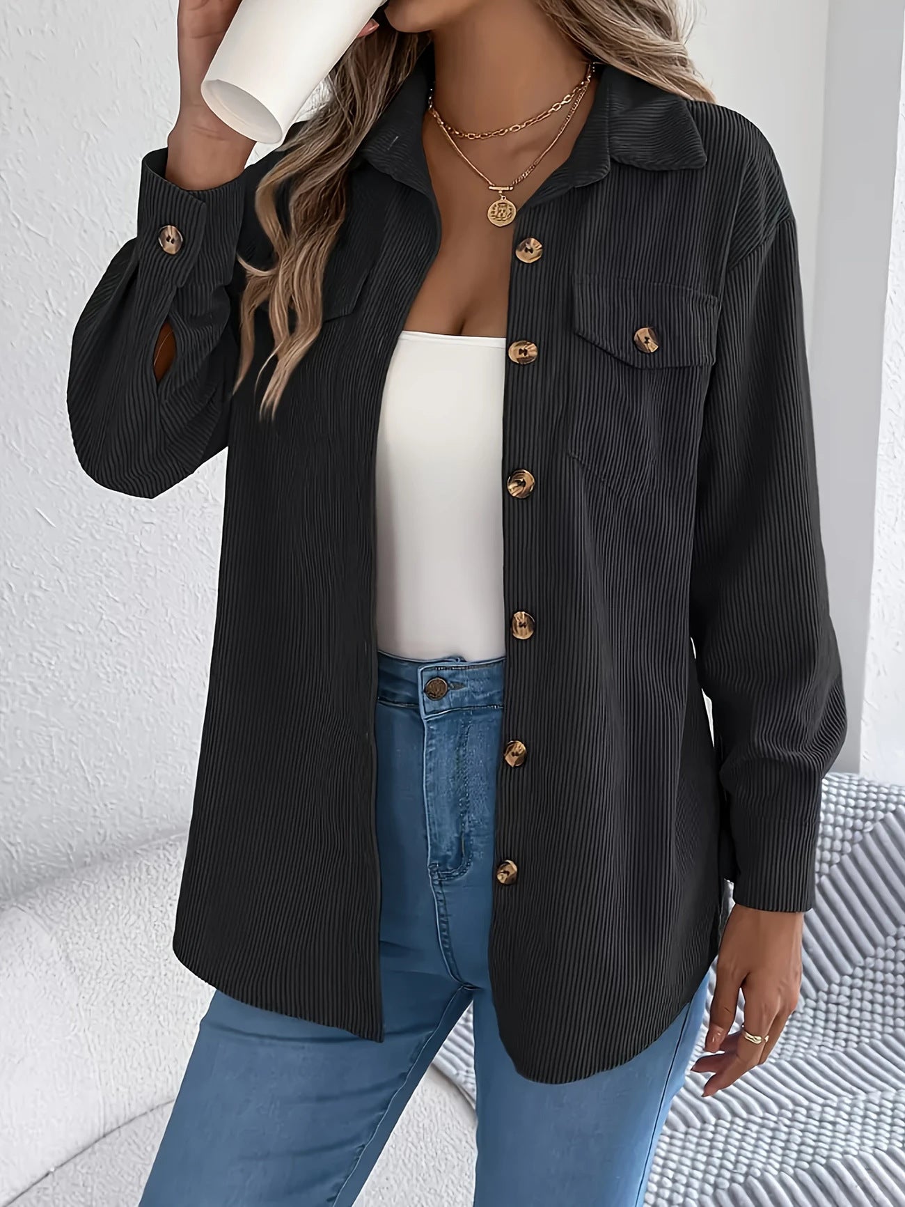 Bohemian Corduroy Lapel Single-Breasted Loose Long Sleeve Shirt Jacket