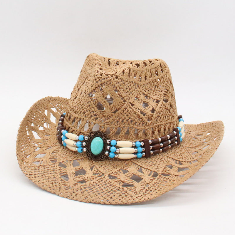 Bohemian style green beaded openwork straw cowboy hat | Vacation sun protection western hat