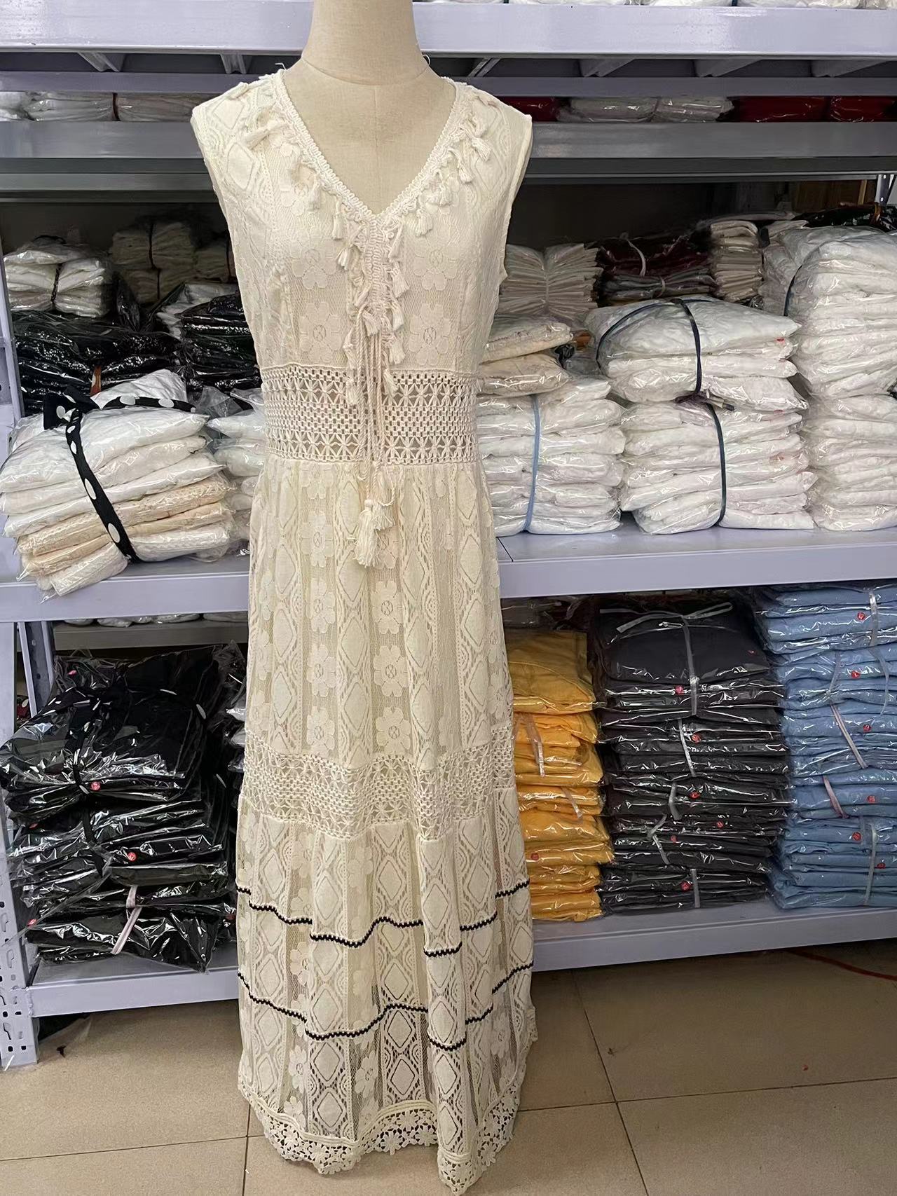 Boho Lace Tassel V-Neck High Slit Tiered Maxi Dress | Vacation Ethnic Style Beach Dress