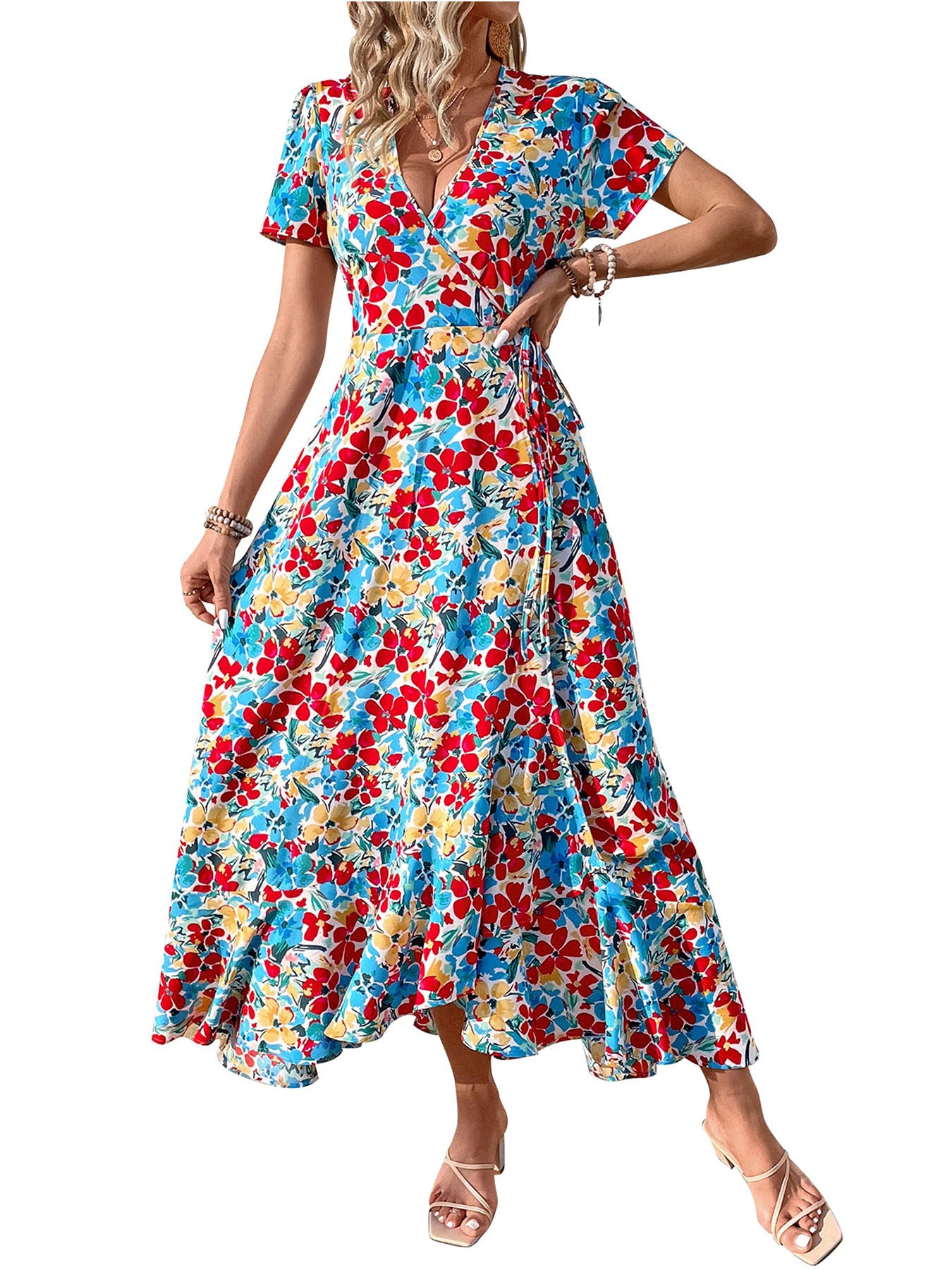 Colorful Floral V-Neck Wrap Tie Short Sleeve Midi Dress