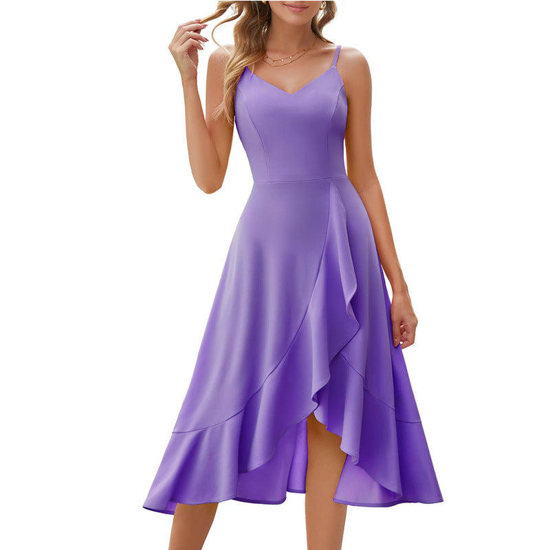 Bohemian Solid Color V-Neck Spaghetti Strap Asymmetrical Ruffle Midi Dress