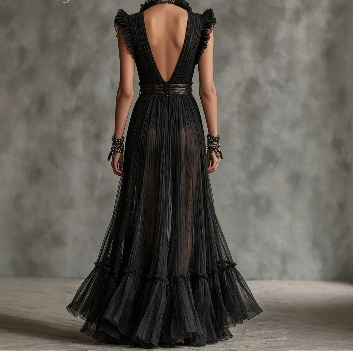 Noir Ruffled Pleated Maxi Dress