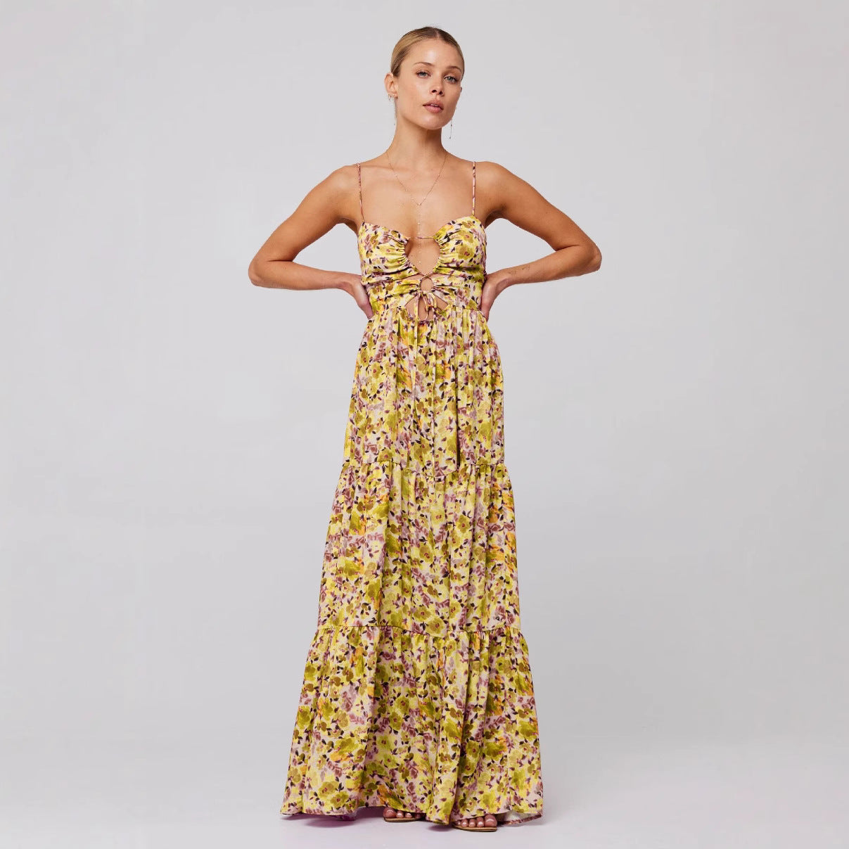 Multi-Color Floral Cutout Tie-Front Cami Tiered Maxi Dress | Vacation Style Sexy Backless Beach Dress