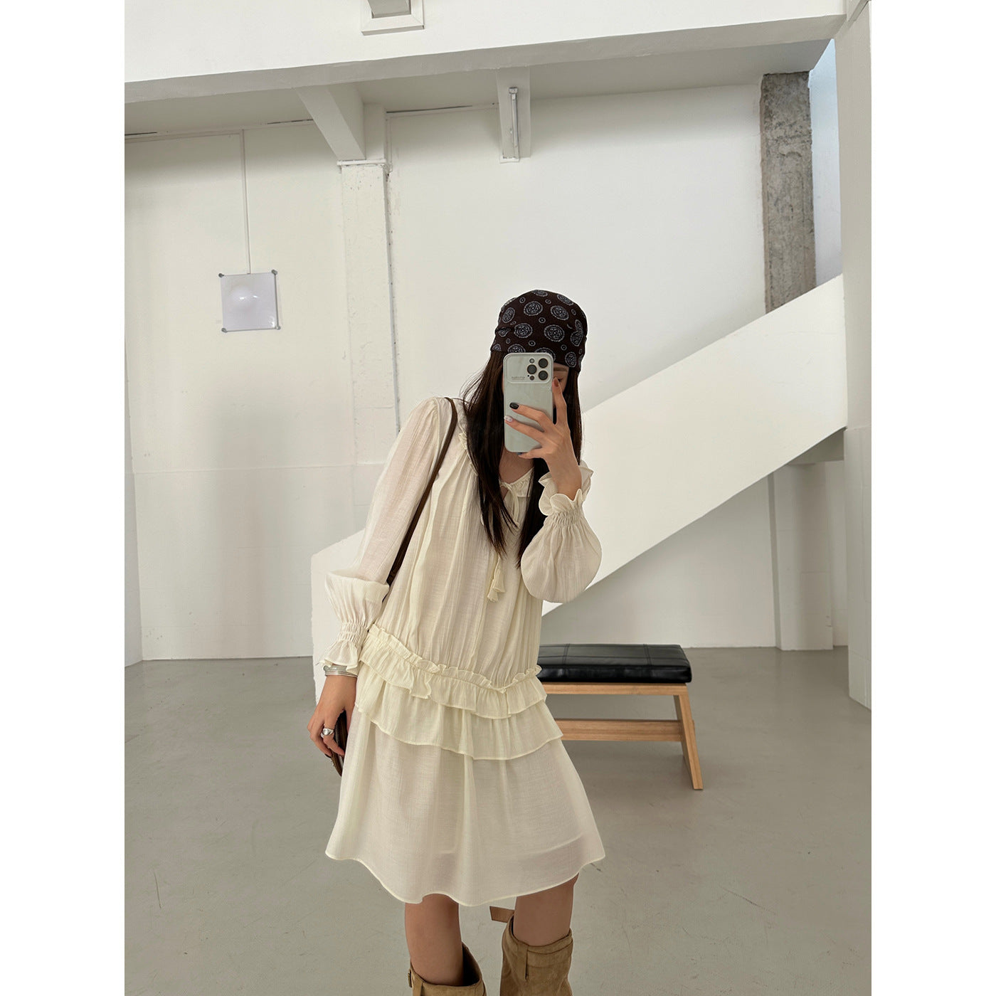 Beige Ruffle Tie-Neck Blouse | Soft Loose Chiffon Top