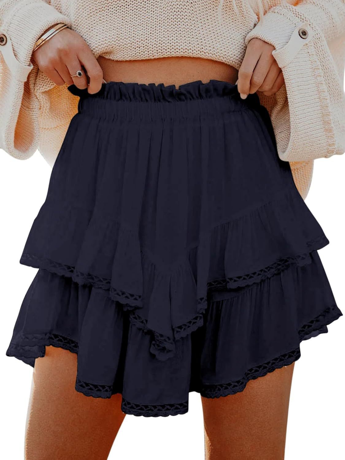 Boho Elastic Waist Tiered Ruffle Lace Trim Loose Mini Skirt