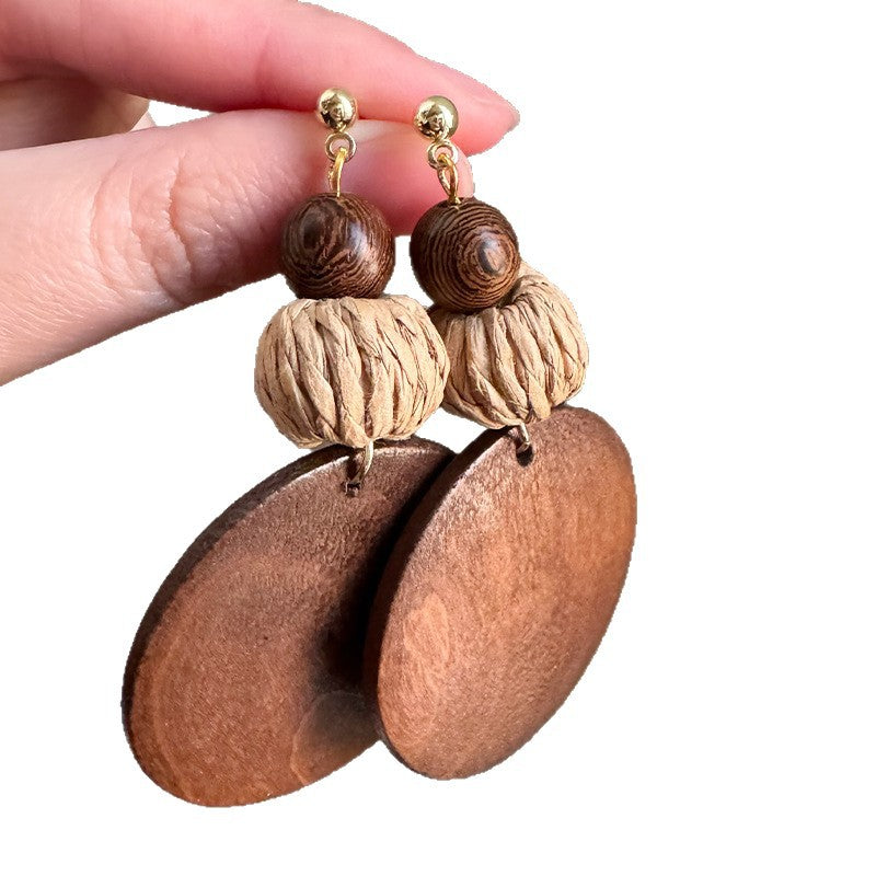 Boho Wood Woven Round Earrings | Vintage Ethnic Style Niche Design Jewelry
