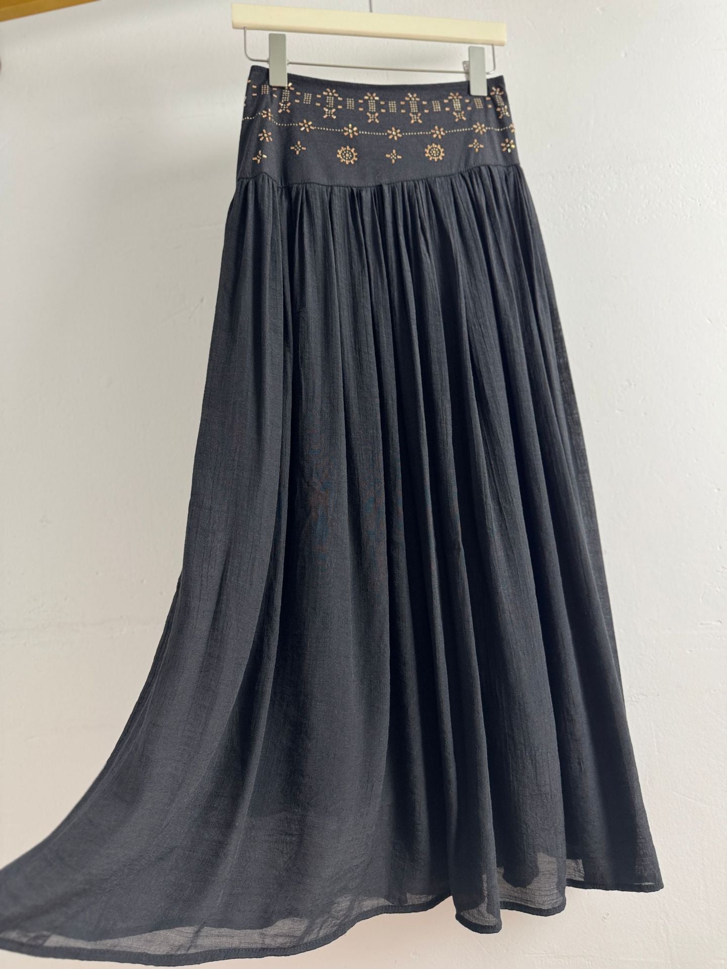 Boho High Waist Gold Embroidery Flare Maxi Skirt | Retro Vacation Drape A-Line Skirt