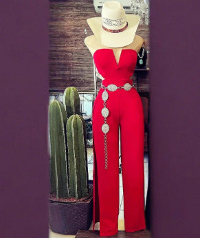 Vintage Western Style Tube Top Cutout High Slit Wide Leg Jumpsuit | Y2K Slimming Romper