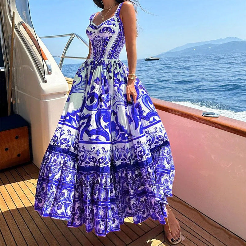 Sicilian Style Blue and White Porcelain Print Spaghetti Strap Maxi Dress | Vacation Style High Waist Tiered Dress