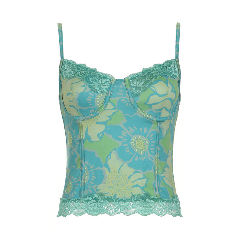 Bohemian Vintage Print Halter Lace Cami Top